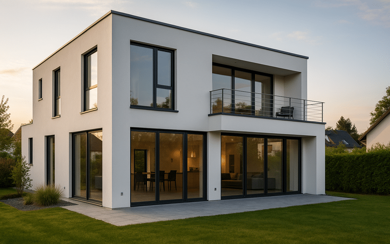 Modernes Wohnhaus mit großen Fenstern, Terrasse und gepflegtem Garten